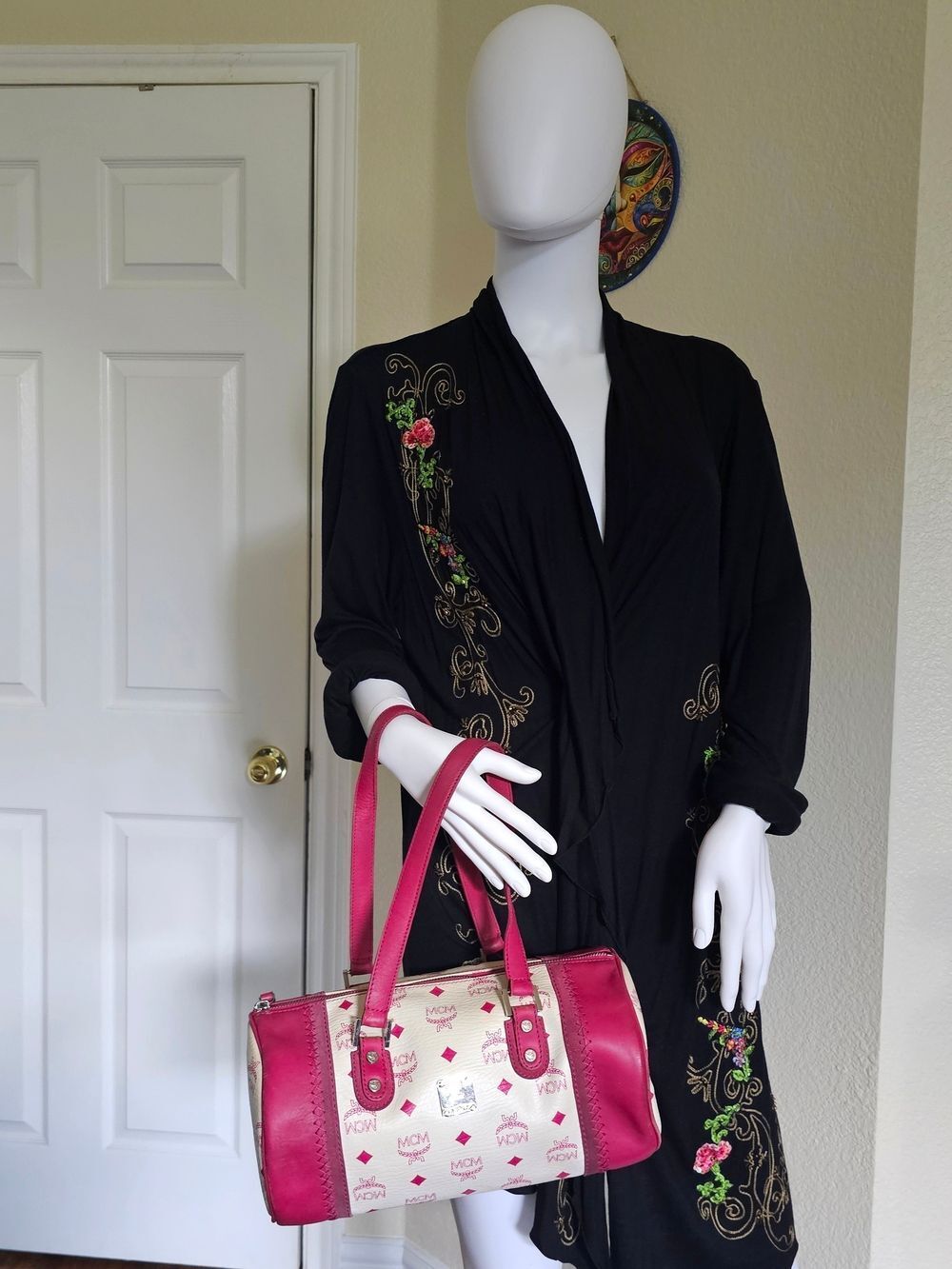 MCM Pink & White Signature Barrel Tote